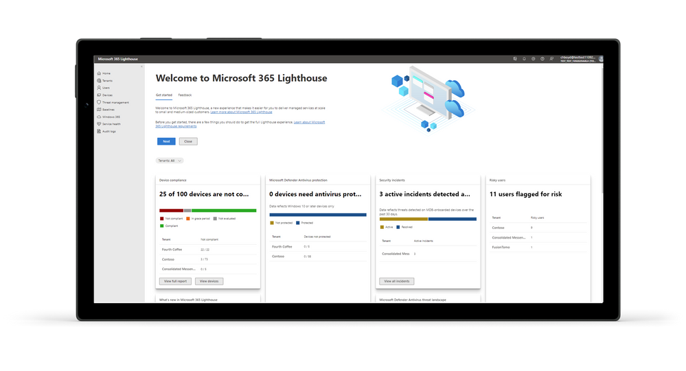 Microsoft 365 Lighthouse home aggregates threats, device compliance, and user alerts into a single location for managed service providers to gain efficiency with a view across customer environments without the need to manually log into each one.