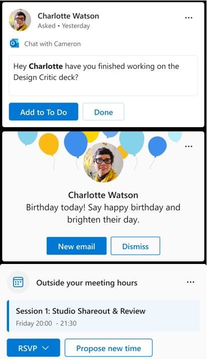Examples of new content flowing into the My feed web part: (top to bottom) Suggested task, people highlight, and an actionable out of band meeting request.
