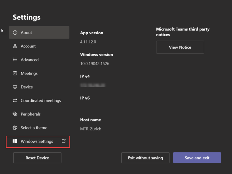 Image of the Settings menu in Teams, showing the "Windows Settings" option on the bottom left.