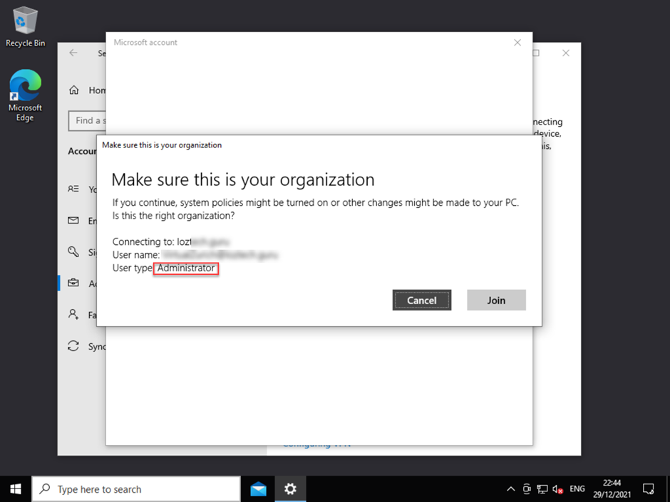 A screenshot of the "Make sure this is your organization" pop-up, showing "User type: Administrator" to confirm you are signed in with Administrator credentials.