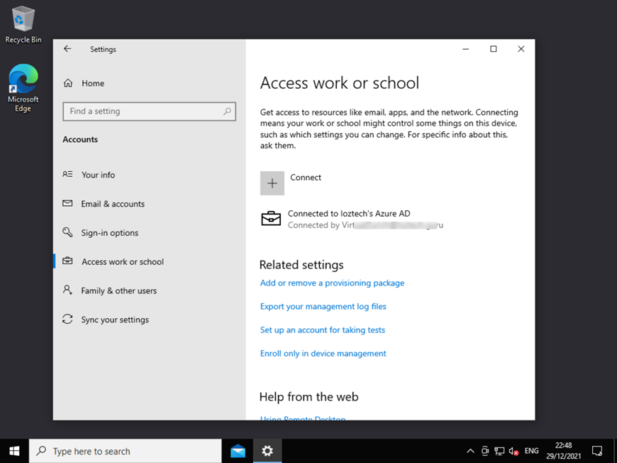 A screenshot of the "Settings - Access work or school" menu that shows a connected Azure AD account.