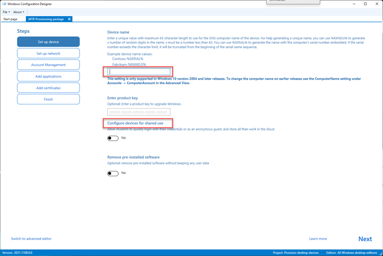 A screenshot of the new project tab ("MTR Provisioning package") in Windows Configuration Designer, on the "Set up device" page in the left menu. There are two areas selected: the "Device name" field and the "Configure devices for shared use" section, with the toggle set to "No".