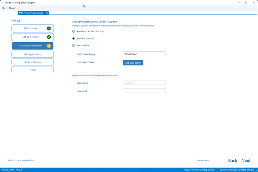 A screenshot of the "Account Management" page from the left menu in Windows Configuration Designer, with the "Enroll in Azure AD" option selected, and an example value of 06/28/2022 in the "Bulk Token Expiry" field.