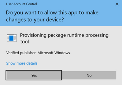 An image of the User Account Control pop-up dialog that says "Do you want to allow this app to make changes to your device?" with the "Yes" button selected.