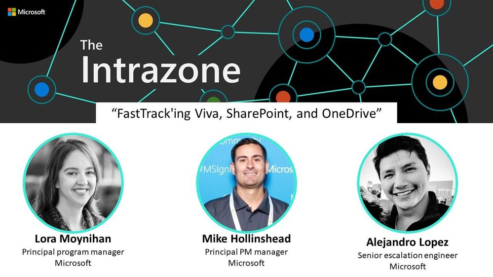 Intrazone guests: Lora Moynihan – Principal program manager (Microsoft 365 FastTrack), Mike Hollinshead – Principal PM manager (Microsoft SharePoint), and Alejandro Lopez – Senior escalation engineer (Employee experience expert at Microsoft).