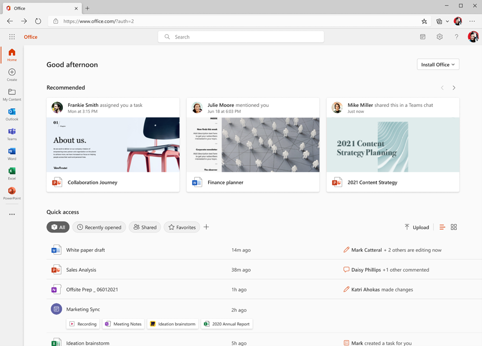 Screenshot of the new Home screen on Office.com