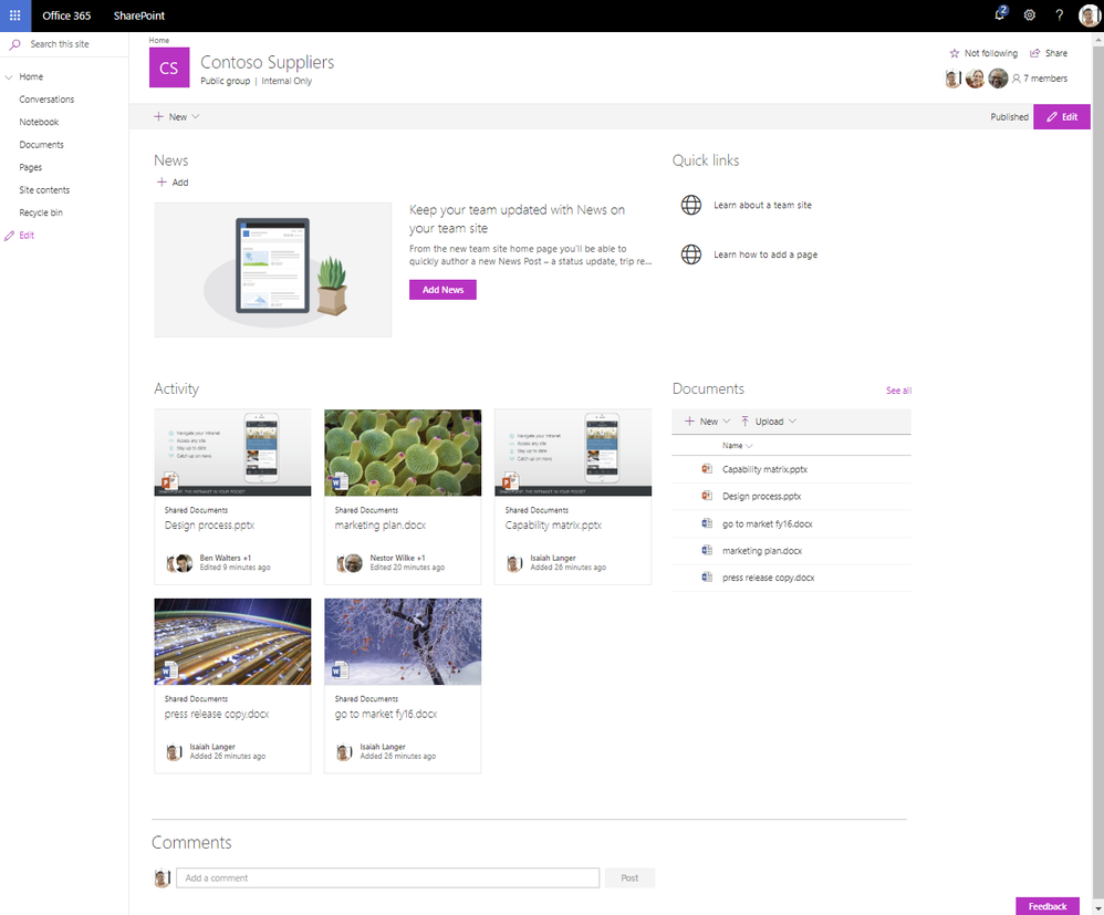 After stepping through a few wizard-driven steps to add members and owners and adjust settings if needed, you'll be presented with an updated site connected to Office 365 group apps.