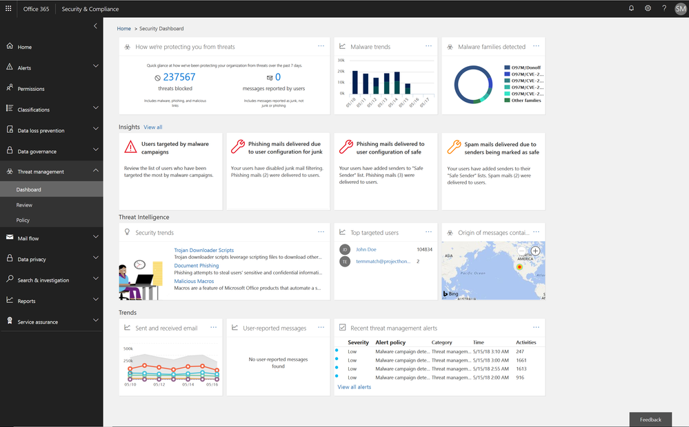 Figure 1..  Threat protection insights in the Security dashboard in the Security and Compliance Center
