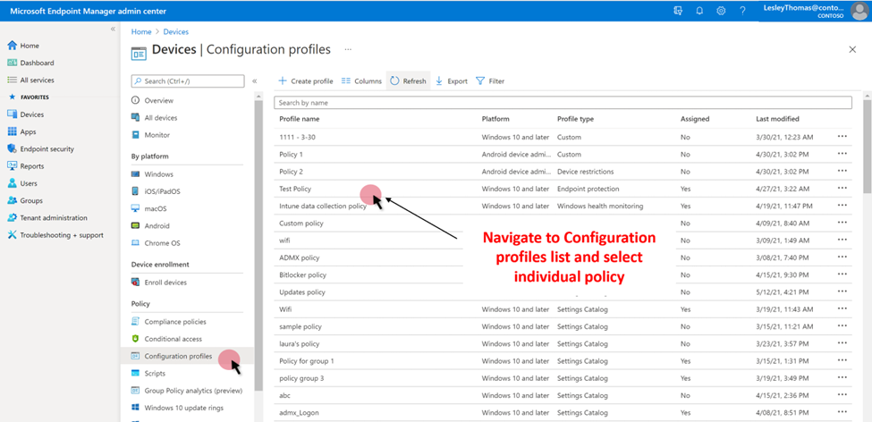 Screenshot of the Devices > Configuration profiles page in the Microsoft Endpoint Manager admin center, showing a list of profiles (policies). An arrow points to an individual policy that you can select to continue to the next step.