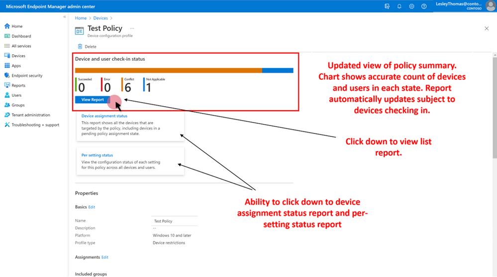 Screenshot of the update policy overview page in the Endpoint Manager admin center that shows a new, linear aggregate chart at the top and cards that you can select to open different status reports.