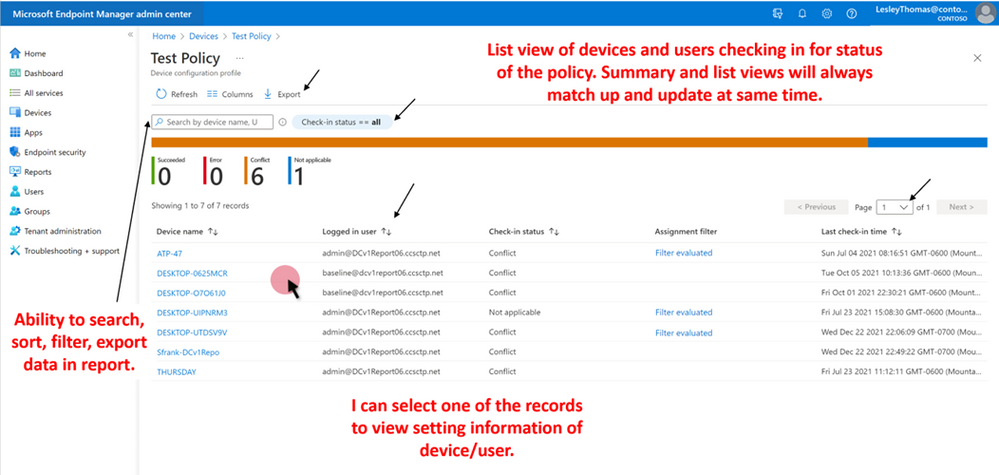 Screenshot of the ‘Device and user check-in status’ report in the Endpoint Manager admin center. It shows a field above the aggregate chart where you can enter a value to search, sort, or filter on. The columns shown in the report are ‘Device name’, ‘Logged in user’, ‘Check-in status’, ‘Assignment filter’, and ‘Last check-in time’.