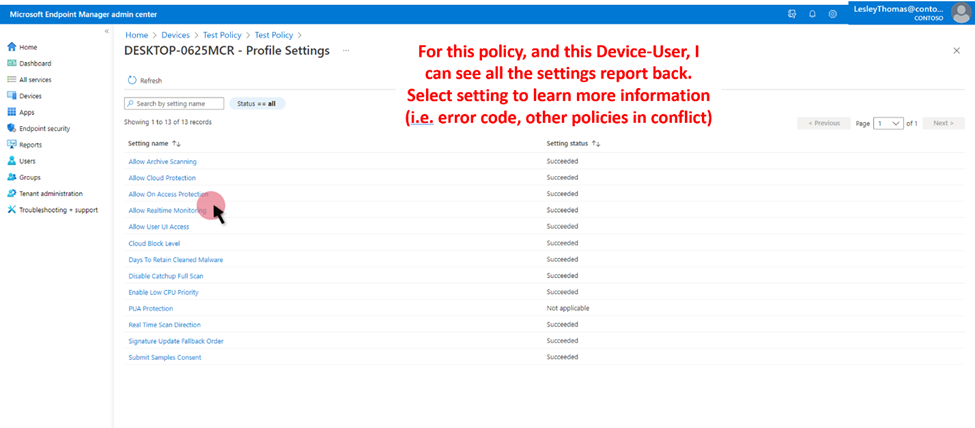 Screenshot of the Profile Settings report for a specific device in the Endpoint Manager admin center. It includes the columns ‘Setting name’ and ‘Setting status’.