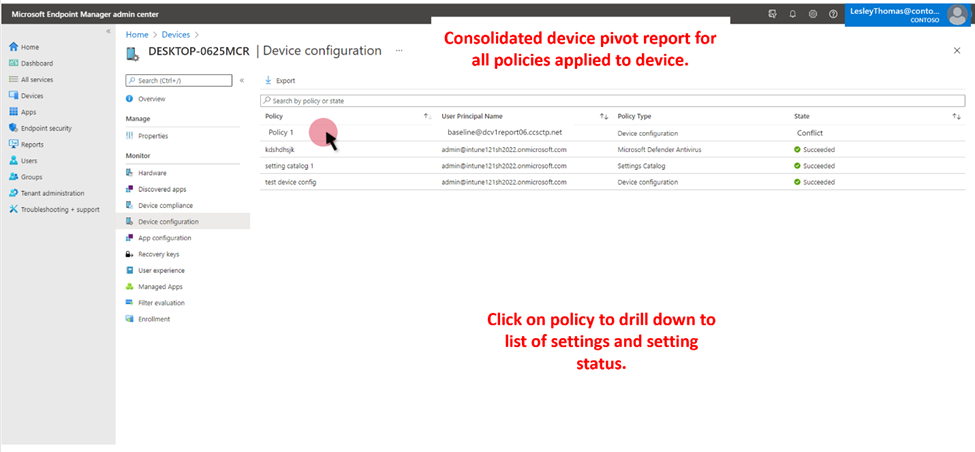 Screenshot of the device configuration report in the Endpoint Manager admin center that lists all policies applied to a device. Select a policy to drill down to a list of policy settings and setting status.