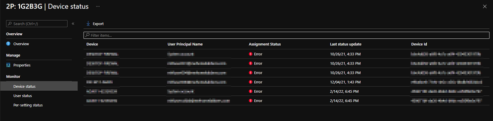 Example device status in the Endpoint Manager admin center that shows multiple ‘Assignment Status” line items that are in error.