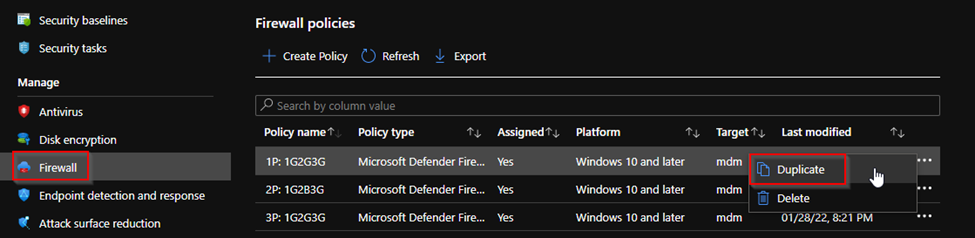 A list of Firewall policies in the Endpoint Manager admin center, showing the ‘Duplicate’ option that is available when you right-click a policy.