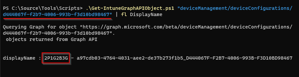 Image of DisplayName command and results in PowerShell.