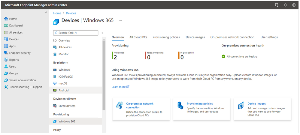The Overview pane for Windows 365 Cloud PCs in the Microsoft Endpoint Manager admin center