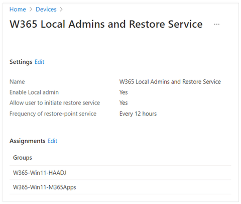 Viewing the settings and assignments for a Windows 365 policy in the Microsoft Endpoint Manager admin center