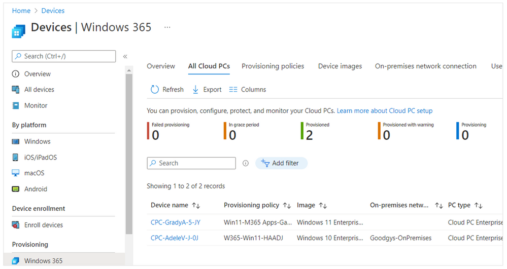 Viewing all Cloud PCs in the Microsoft Endpoint Manager admin center