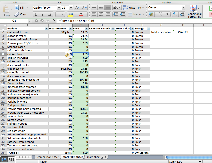 This is a stocktake list used to count the value of stock on hand. The highlighted cell references a specific cell on the other worksheet within the same workbook.
