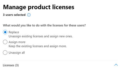Screenshot of Microsoft 365 Admin center asking to either Replace, Assign more or Unassign all licenses for the selected users.
