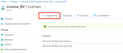 Screenshot of Azure Portal listing licenses applied to an example group and the Assignments button highlighted