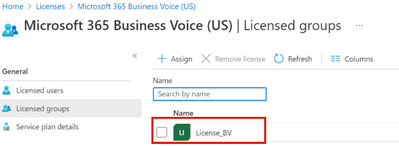 Screenshot of Azure Portal showing the list of groups that have a Business Voice license assigned and the group highlighted