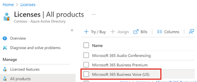 Screenshot of the "Licenses - All Products" page in Azure Portal and the Business Voice license highlighted