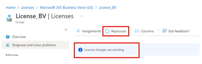 Screenshot of Azure Portal showing pending license assignment changes for a group with the Reprocess button highlighted.