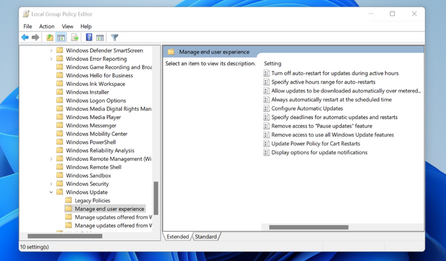 Policy settings for managing the end user experience as they appear under Windows Update settings in the Local Group Policy Editor