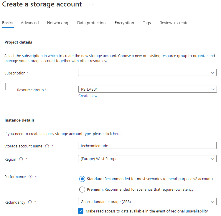 Create a Storage account