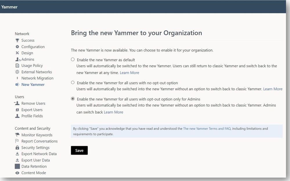 Bring the new Yammer to your organization toggle