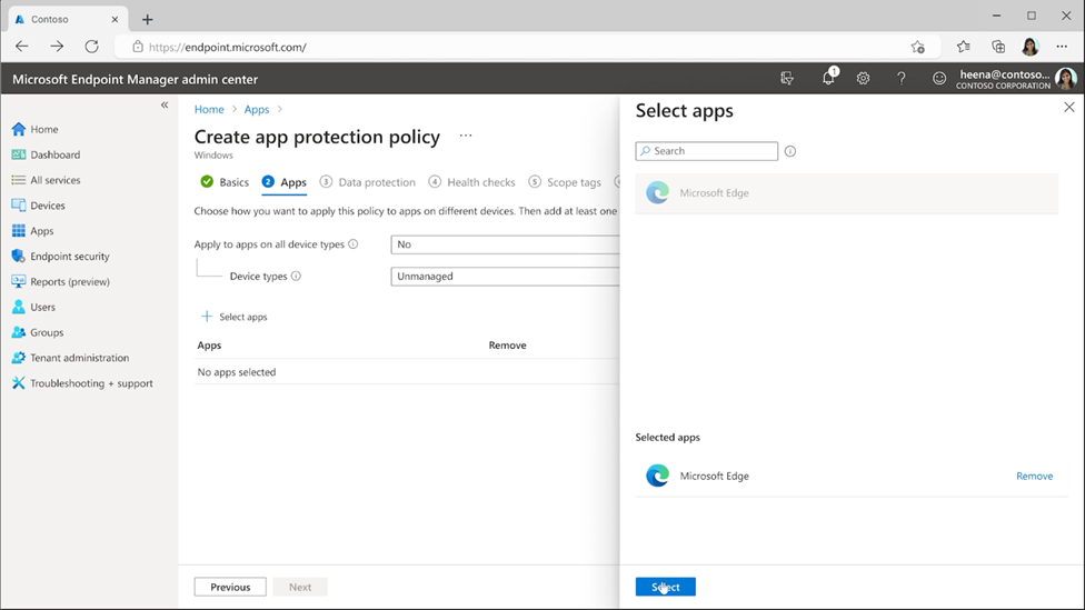 Creation of an app protection policy to enable users to allow access to company resources on unmanaged devices though Microsoft Edge