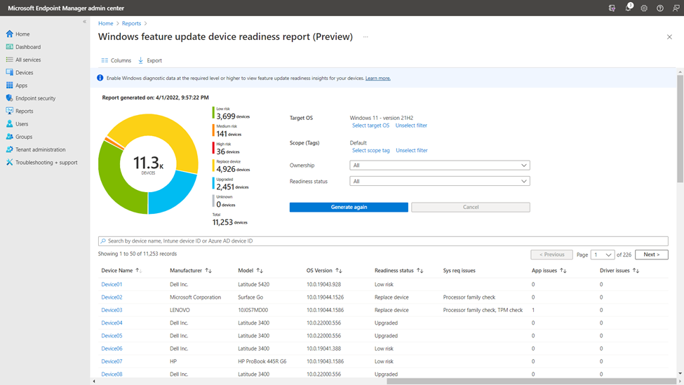 Update readiness report for Windows in Endpoint Manager