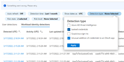 Filters for the new detections in the” User detections” and ”Workload identity detections” tabs of the Risk detections report.