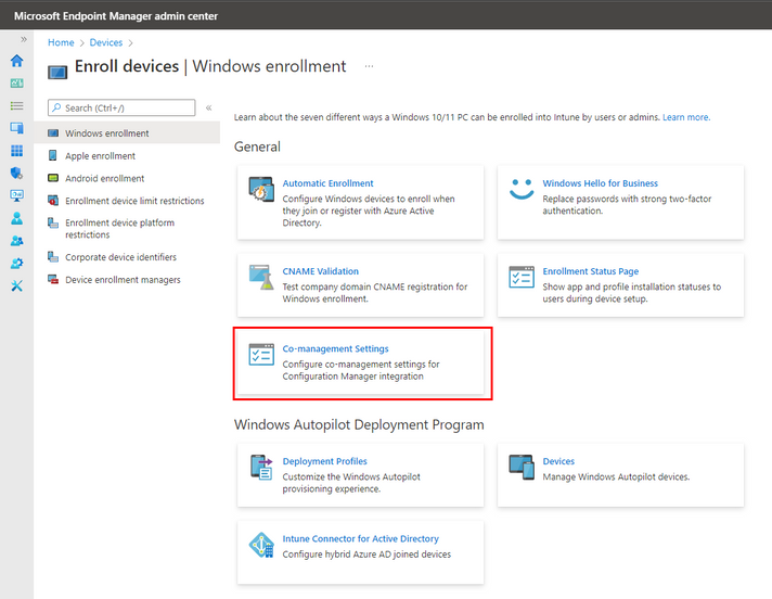 Configuring co-management settings for Windows Autopilot in the Microsoft Endpoint Manager admin center