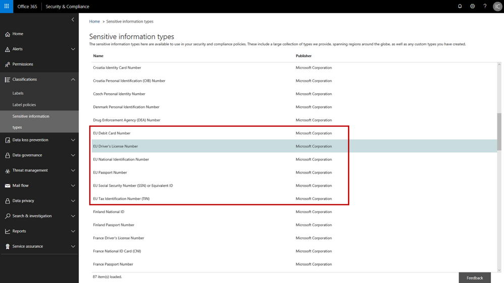 New EU personal information data types in the Office 365 Security & Compliance Center