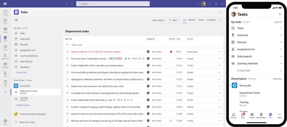 A screenshot of the Tasks app in Microsoft Teams on desktop (left) and iOS (right).