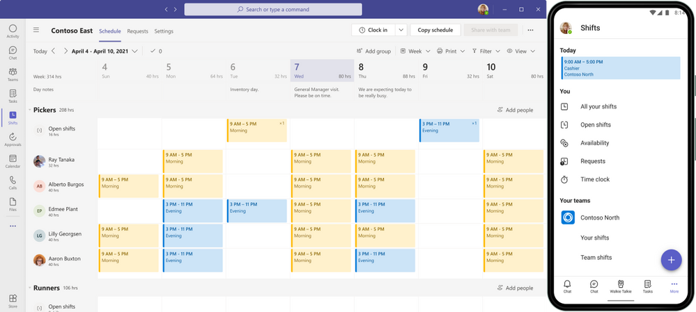 A screenshot of the Shifts app in Microsoft Teams on desktop (left) and Android (right).