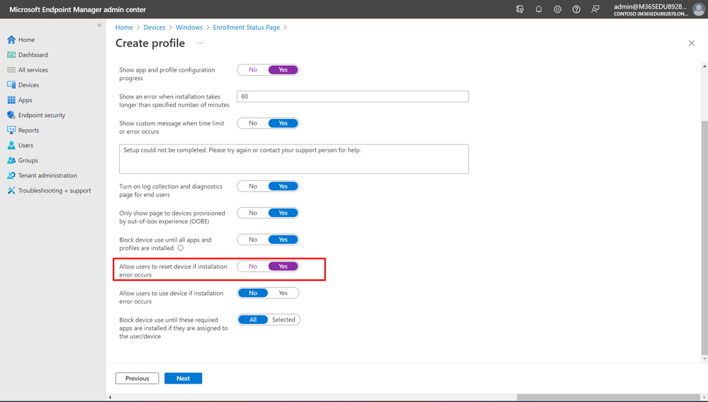 Screenshot of the Microsoft Endpoint Manager admin center, on the 'Enrollment Status Page' > 'All users and all devices' > 'Edit profile' page. The image shows the setting 'Allow users to reset device if installation error occurs' which is toggled to 'Yes'.