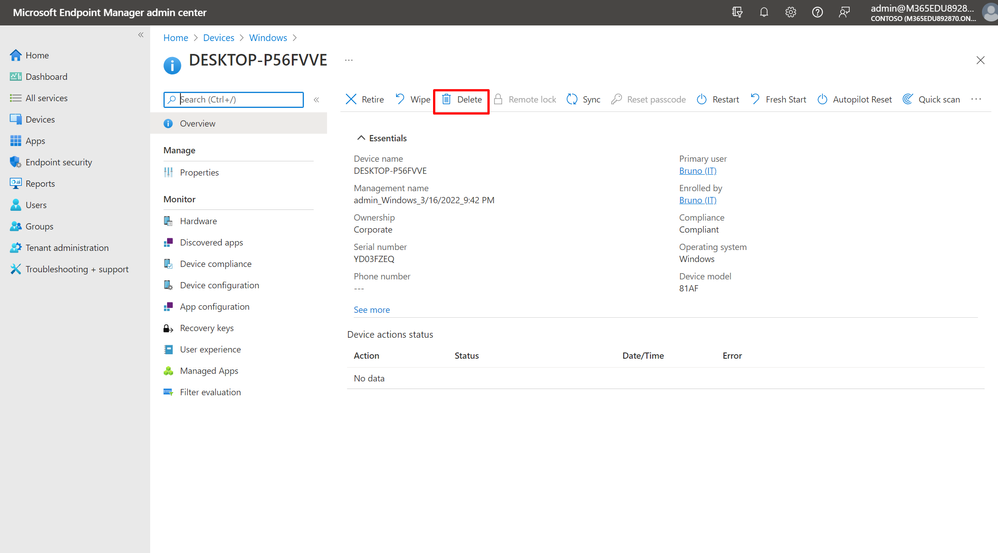 Screenshot of the Microsoft Endpoint Manager admin center, on the 'Devices' page. This image shows the remote action 'Delete'.