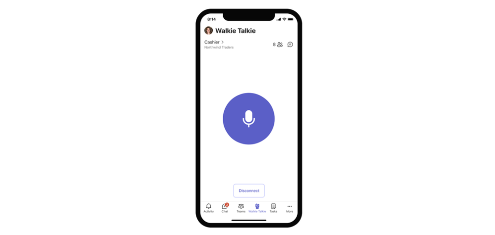 A screenshot of the Walkie Talkie app in Microsoft Teams on an iOS mobile device.