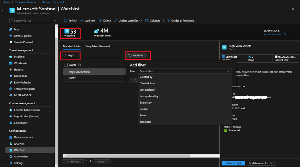 Announcing the search and filter UI enhancements in Watchlists - Microsoft  Community Hub