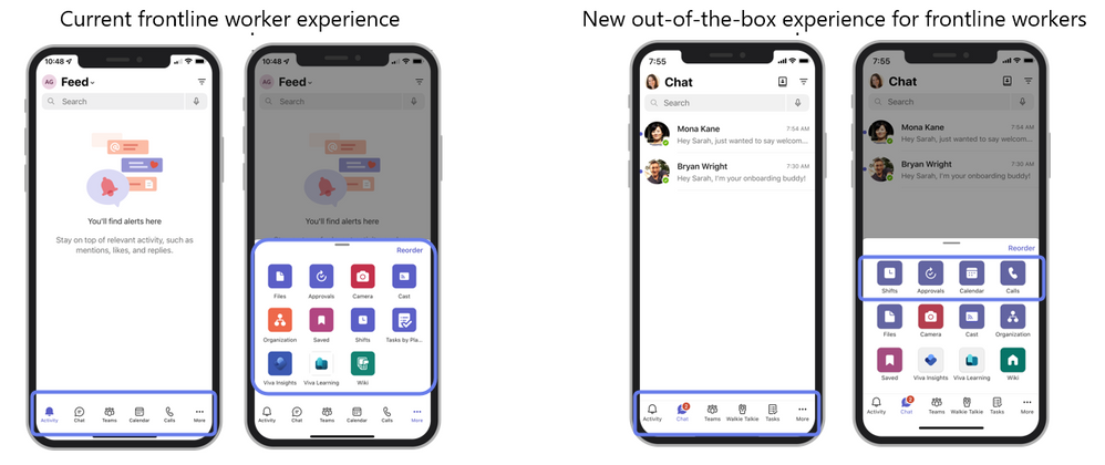 A screenshot showing the difference between the current frontline worker experience and new out-of-the-box experience in Microsoft Teams on mobile.