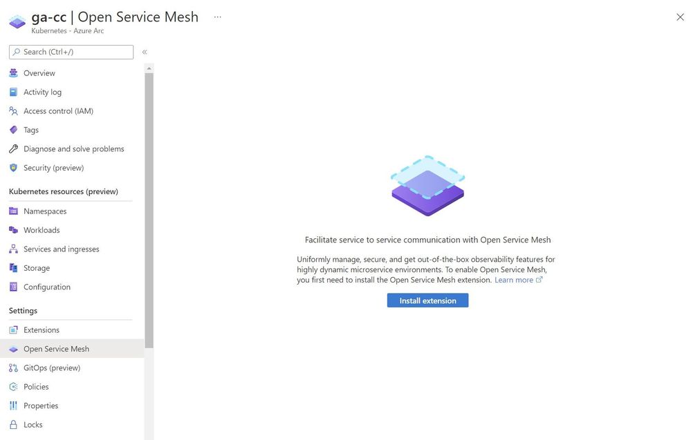 Open Service Mesh blade under Settings