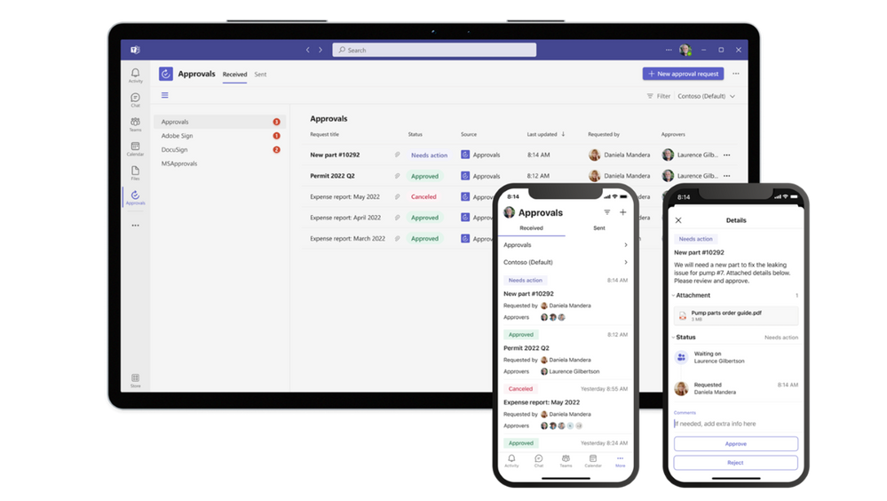 A screenshot showing how to track requests in Approvals in Microsoft teams on desktop and mobile.