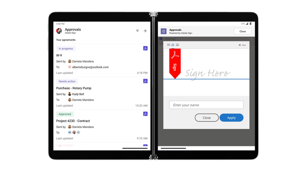 A screenshot showing how to capture electronic signatures in Approvals in Microsoft Teams on a tablet device.