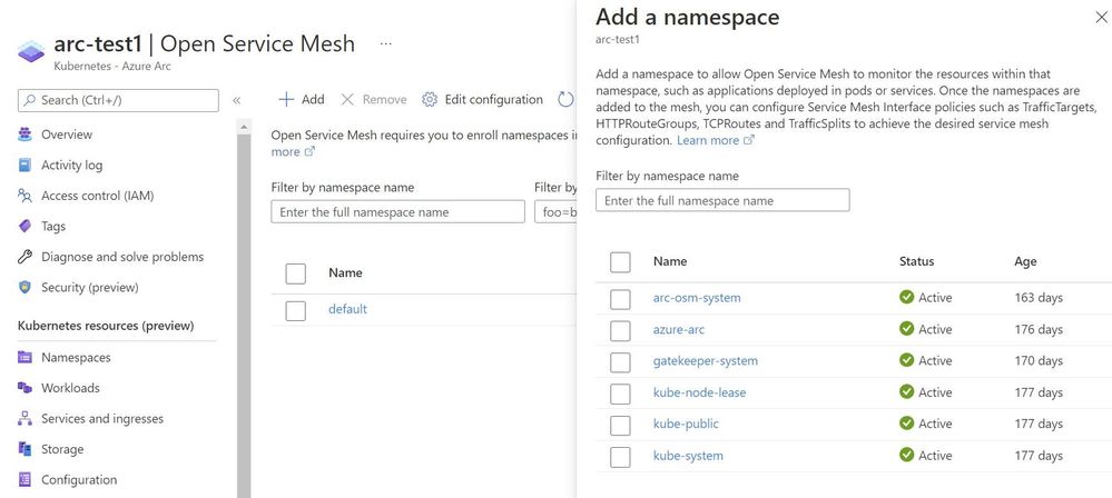 Click on +Add on Open Service Mesh blade to onboard namespaces