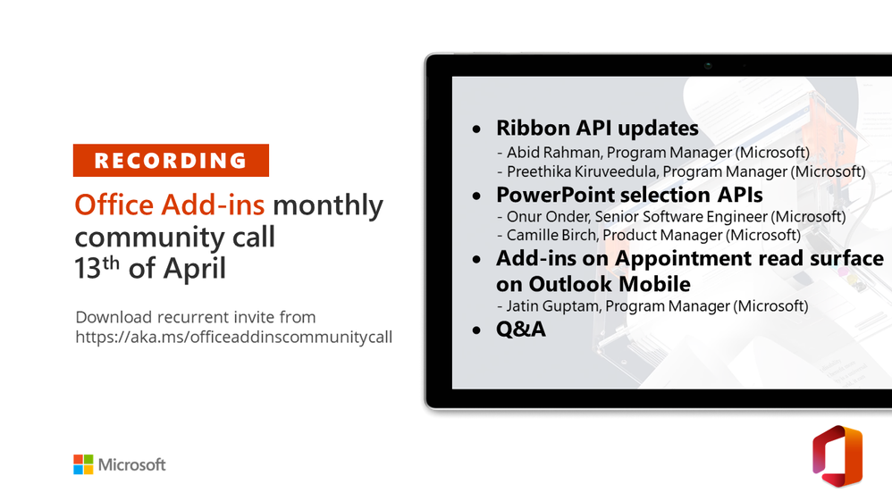 thumbnail image blog post titled Office Add-ins community call – April 13, 2022