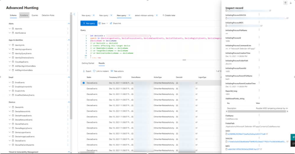 Figure 5- The following screenshot demonstrates querying for Tampering events via advanced hunting.png